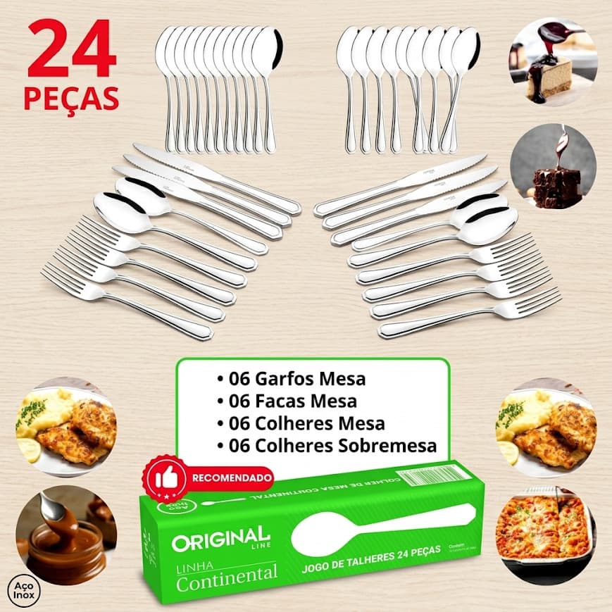 Jogo 24 Peças Talheres Metal  Inox Restaurante Original Line