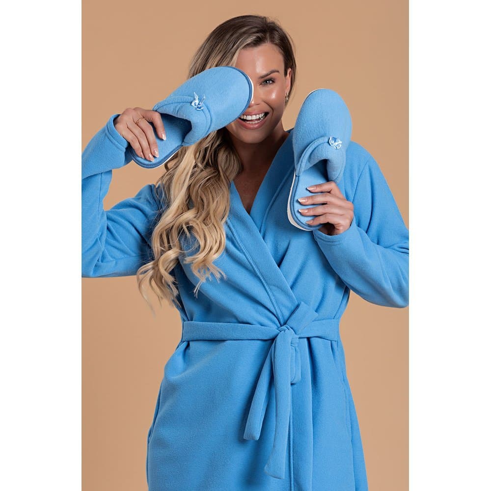 Kit Roupão Inverno Adulto Feminino Soft Peluciado Azul + Pantufa Feminino Confortável Soft Azul