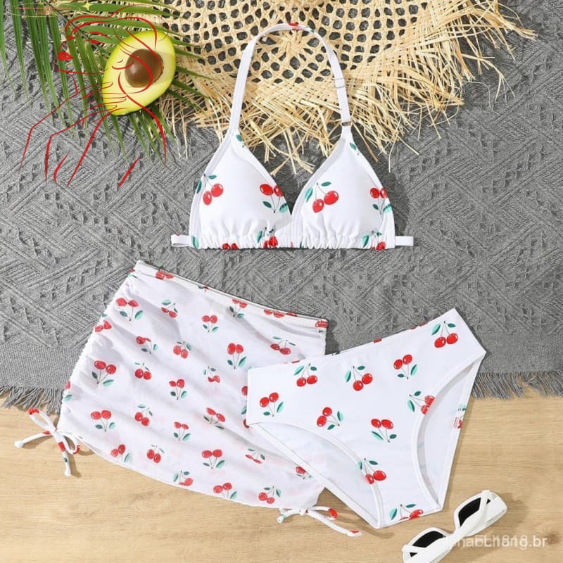 Novo Conjunto de Biquíni Infantil para Meninas, Conjunto de Três Peças com Almofada para Seios para Crianças Mais Velhas