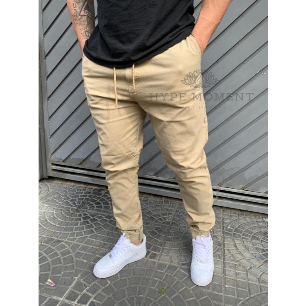 Calça Bege Jogger Masculina Sarja com Elastano Promoção Black Friday