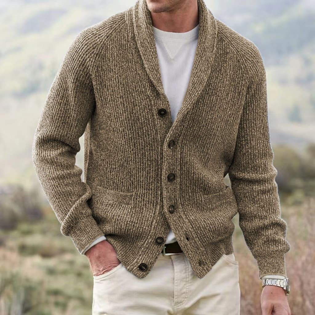 Knitted Jacket Men Sweater Men’s Thick Coat with Pockets Turn-down Collar Long Sleeves Single-breasted Buttons Solid C
