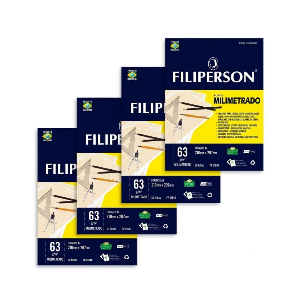 Papel Milimetrado A4 63g Kit 4 Blocos Com 50 Folhas Filiperson