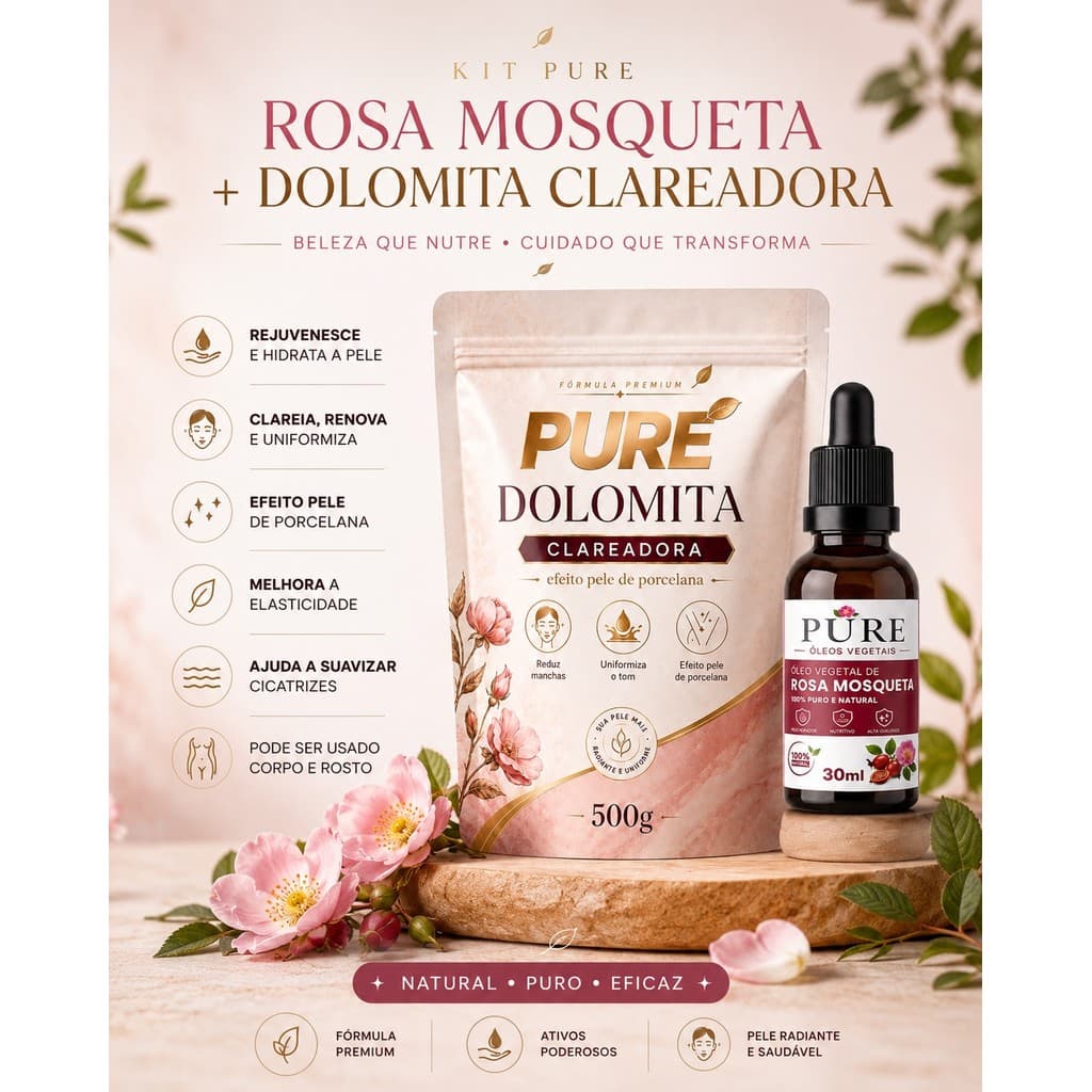 Dolomita Clareadora 500g SACO e Óleo de Rosa Mosqueta Rubiginosa 30ml