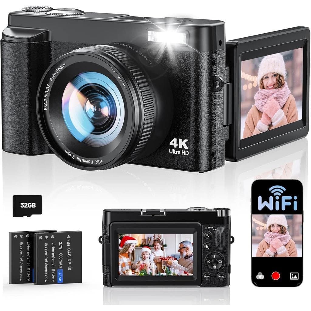 Câmera Digital 4K para Fotografia, Câmera de Vlogging com WiFi e Autofoco de 64MP para YouTube, 180 °   Câmeras de Vídeo