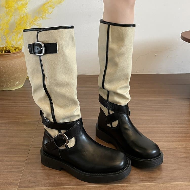 Botas da moda Botas de cano médio de salto baixo (menor a 3 cm) Manga PU bico redondo sem forro de tecido