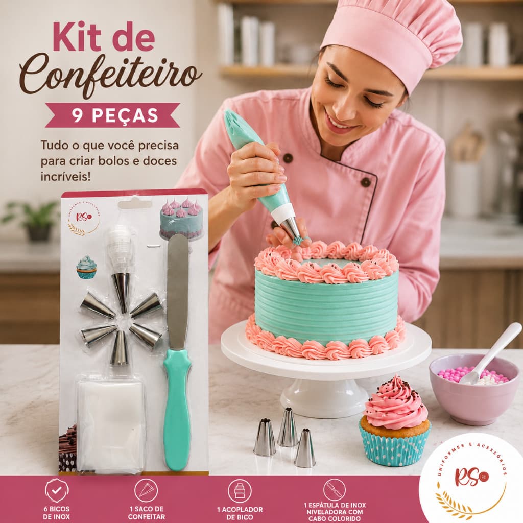 Kit Confeitaria 9 Peças Saco Confeitar e 6 Bicos Acoplador Espátula Inox Cores Sortidas