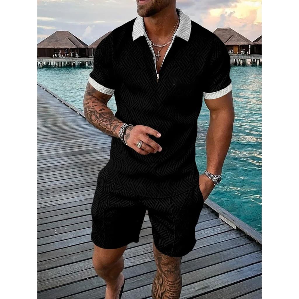 Moda Verão Impressão Digital Masculina # Conjunto Esportivo Casual com Camisa Polo de Manga Curta e Zíper &amp; Conjunto