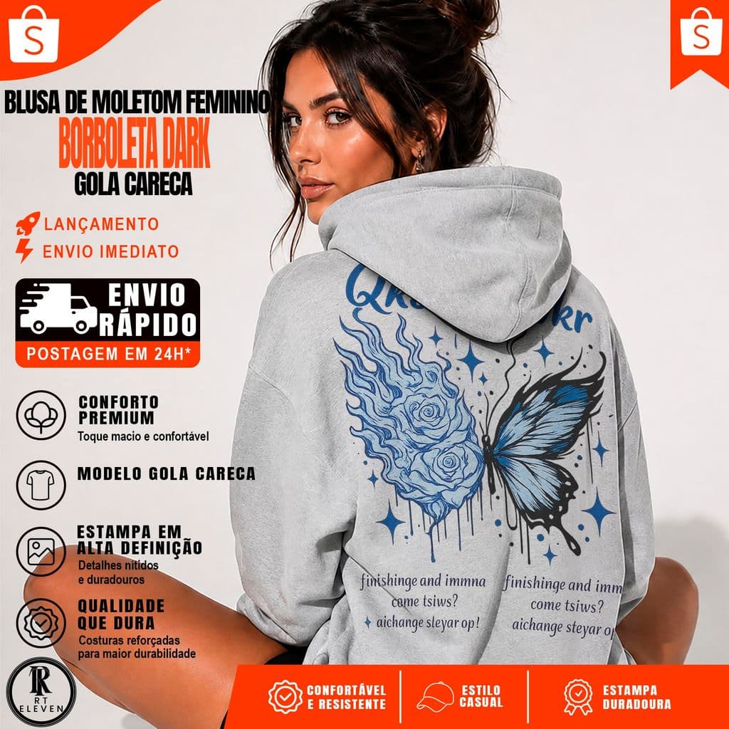 Blusa Moletom Borboleta Dark  Flanelado estampado Linha premium com Bolso e Capuz envio Rápido Casaco de Frio