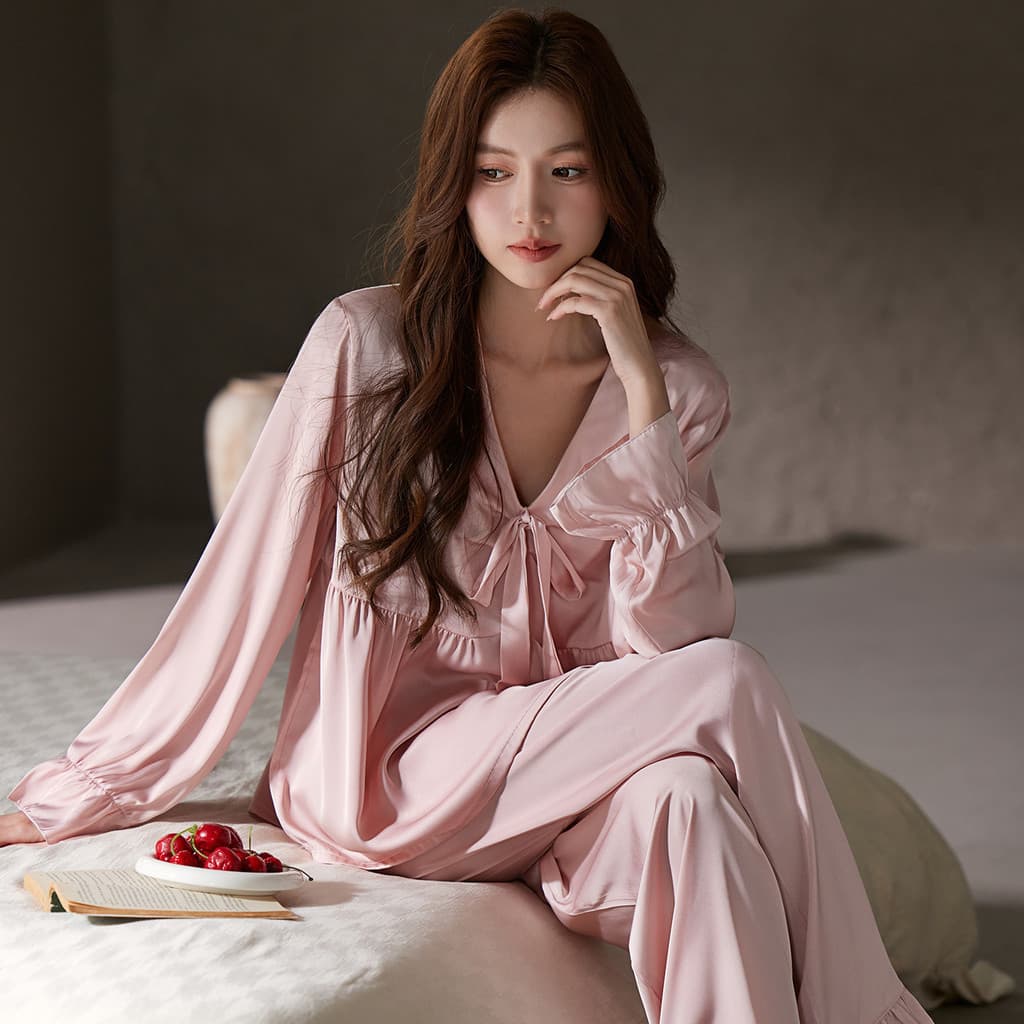 Pijama Feminino Estilo Francês com Babados, Mangas Longas, Roupa de Dormir Estilo Princesa Doce 5JDR IMOT