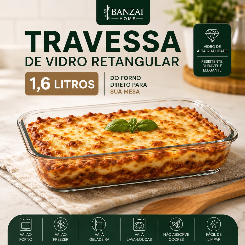 Travessa de Vidro Retangular 1,6L Forno Mesa Sobremesa Geladeira