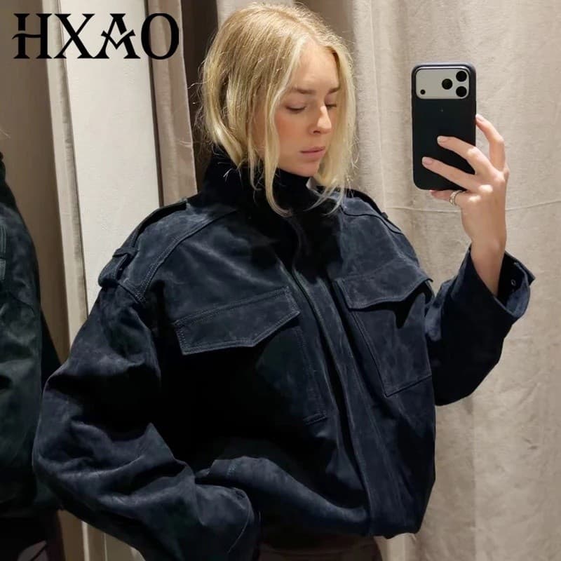 HXAO Nova Chegada Jaqueta de Camurça Feminina Jaquetas de Outono Cinza Escuro Caqui Jaqueta Bomber Elegante com Zíper Ma