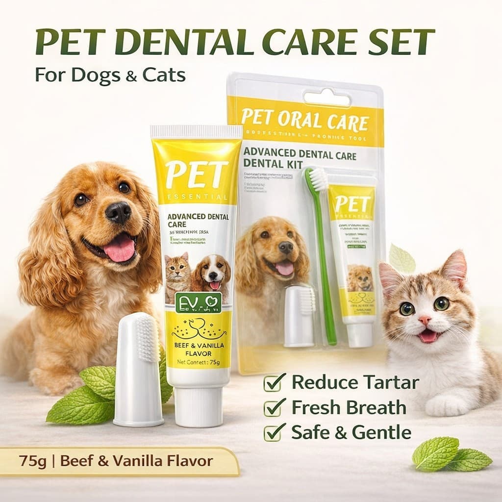 Conjunto de Cuidados Dentais para Animais de Estimação 3 Peças: Pasta de Dente e Escova de Dentes para Cães Sabor Carne