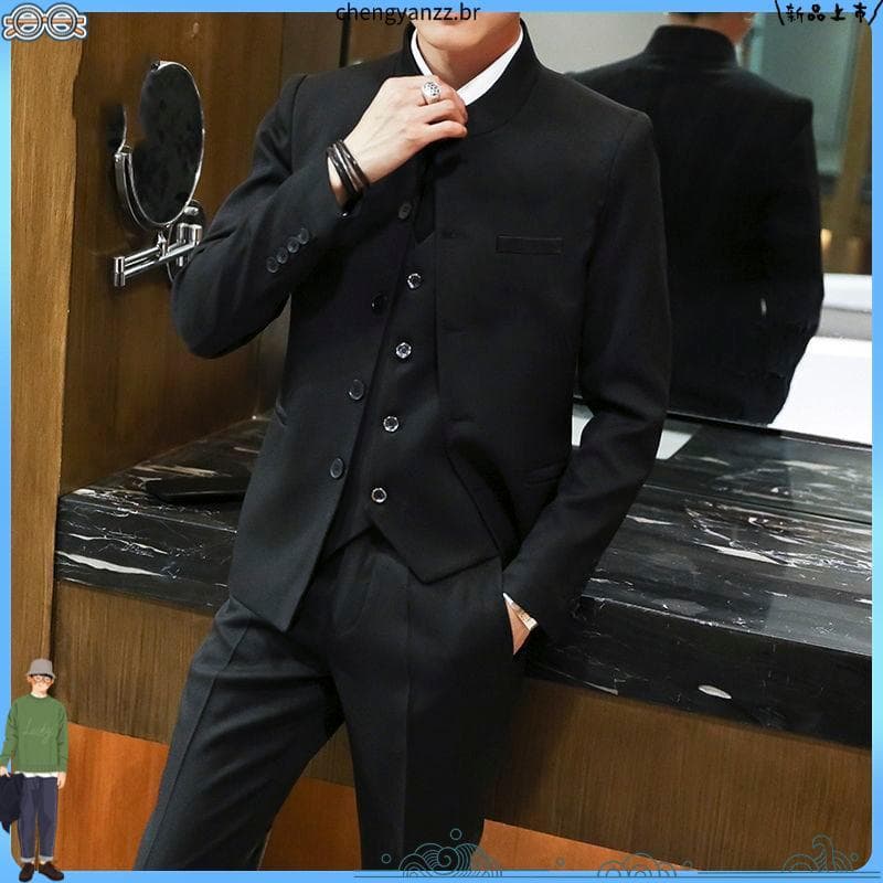 Terno Zhongshan de alta qualidade terno de três peças nacional na moda masculino rufião bonito gola alta terno juvenil a