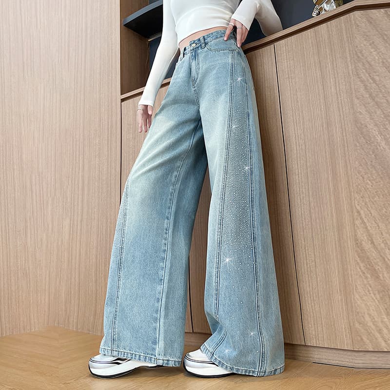 Americano Retro novo estilo Gypsophila quente diamante Jeans de perna larga feminino