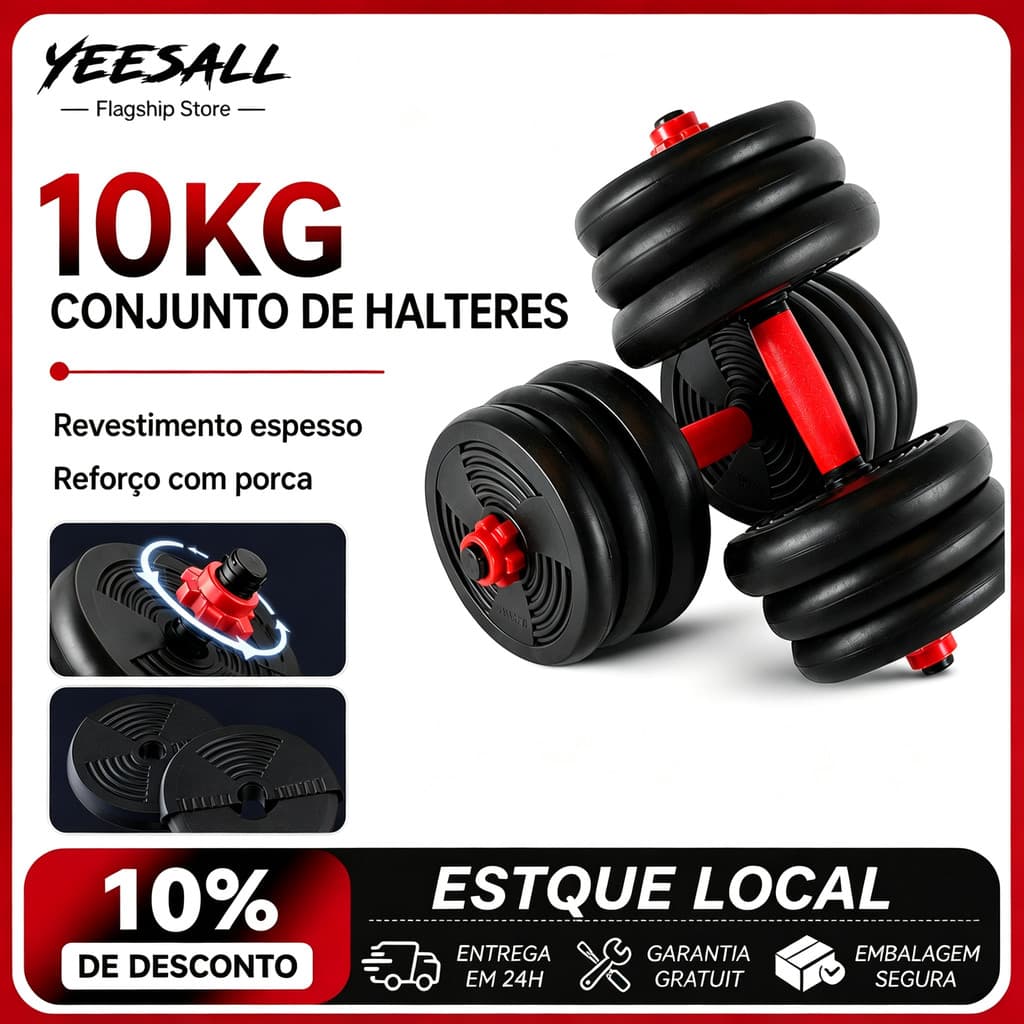 Kit Dumbbell Halter 10kg Ajustável Academia Musculação Para Braço Costa Peitoral Treino exercicio  Kettlebell
