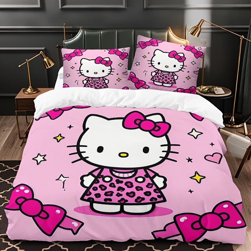 Conjunto de 3 peças de cama Sanrio Hello Kitty com padrão de laço rosa - colcha Hello Kitty cercada, incluindo 1 capa de
