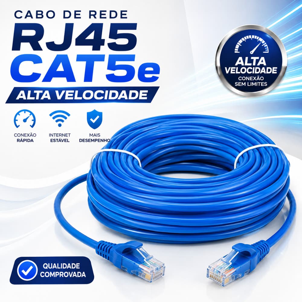 Cabo de Rede RJ45 CAT5e Alta Velocidade Ethernet Cor Azul para PC, Roteador, Notebook e Smart TV