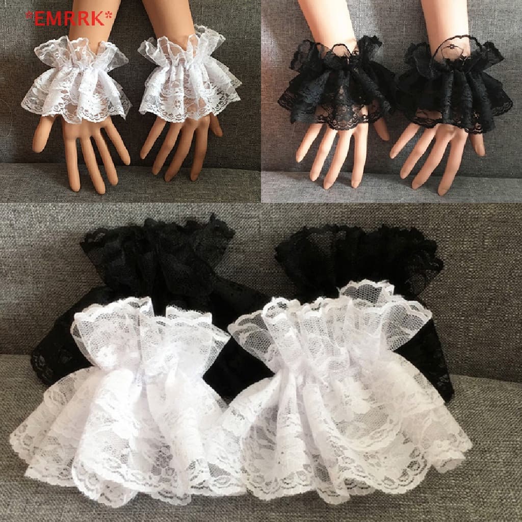 Pulseira Lolita de Renda Preta com Punho e Faixa de Pulso EMRRK > Pulseira Elástica Elegante com Babados Florais Pretos