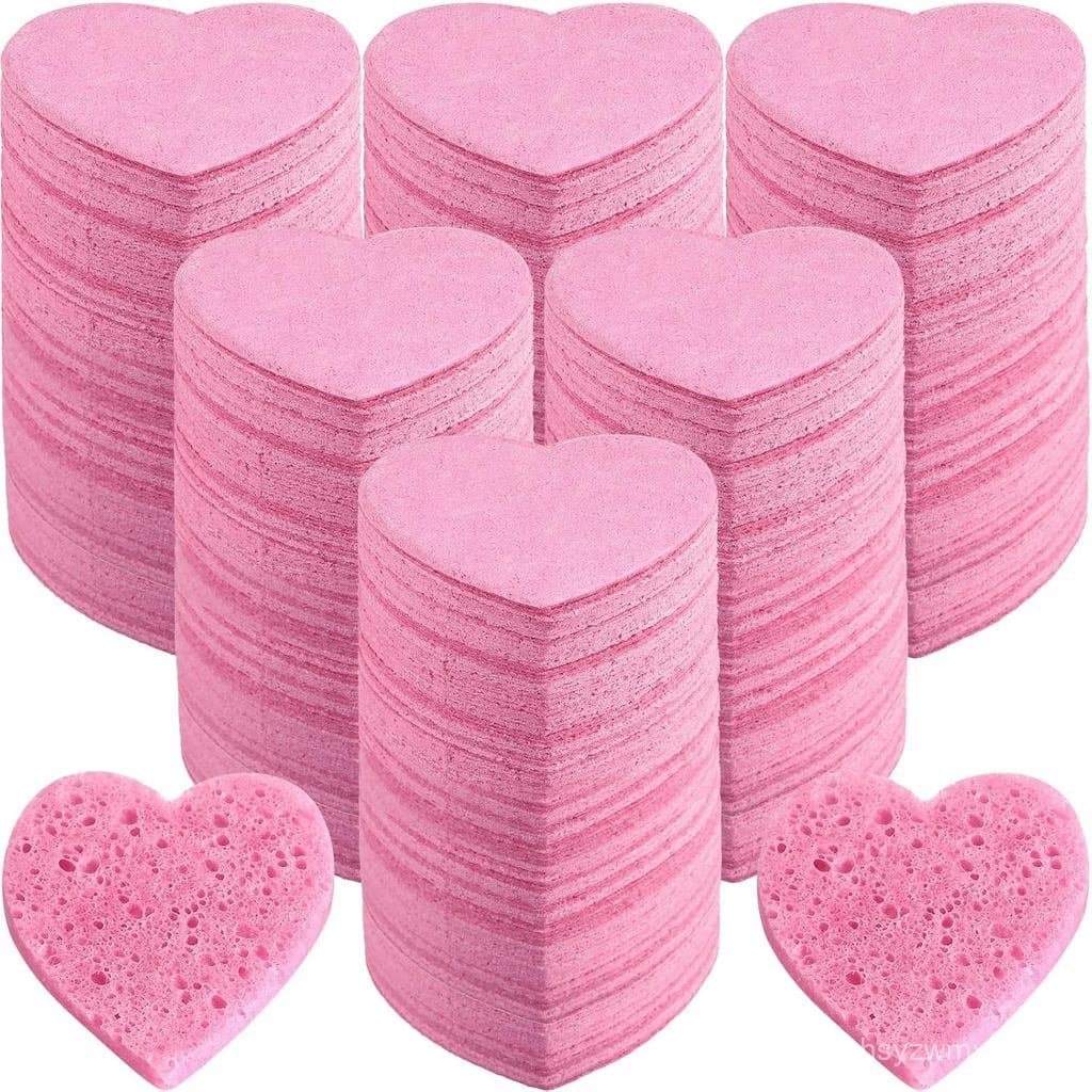 300 Esponjas Faciais Comprimidas em Forma de Coração para Limpeza, Almofadas Esfoliantes Naturais para Esteticistas (Ros