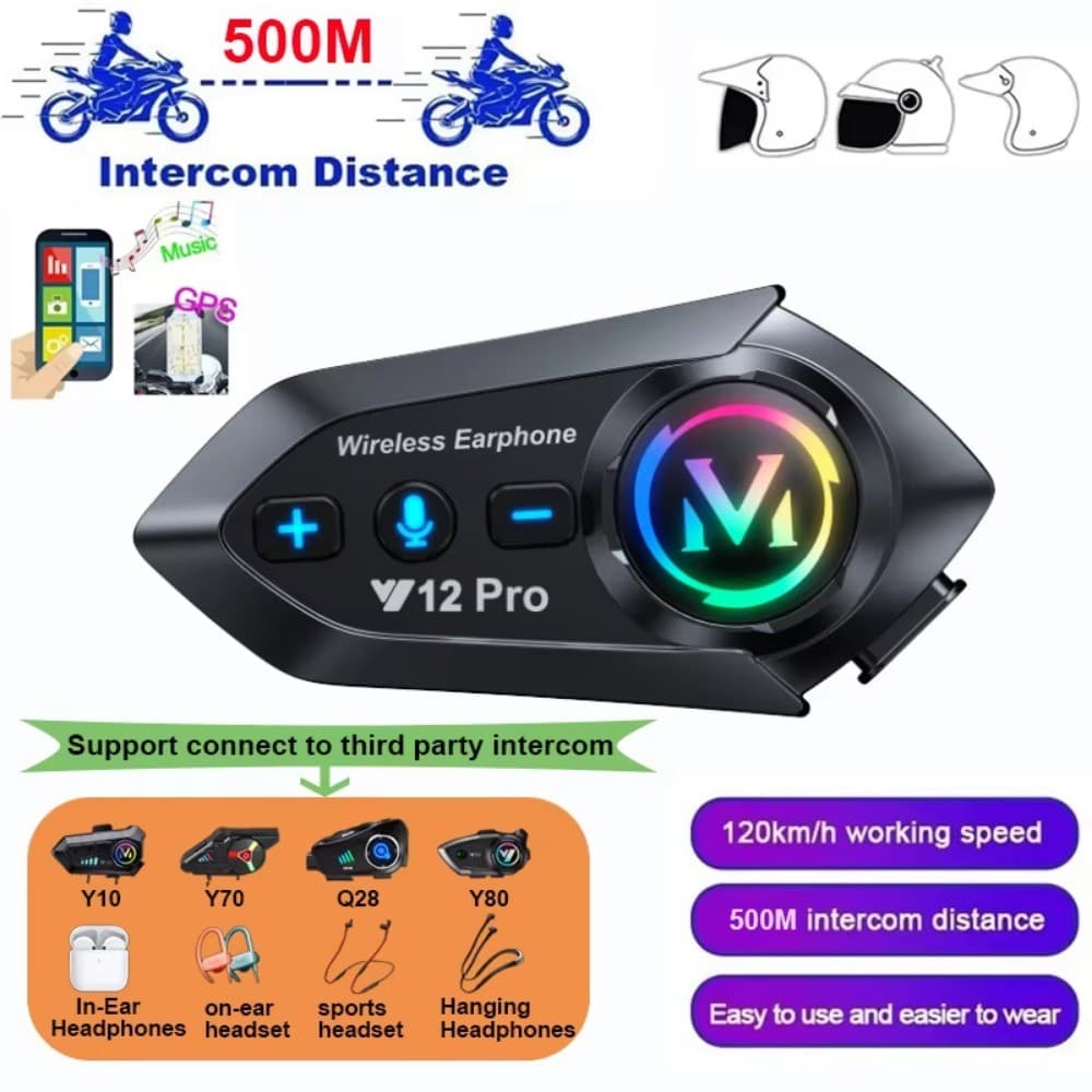 Y12 Pro Capacete Da Motocicleta Interfone Bluetooth 5.4 Fone De Ouvido À Prova Dwaterproof Água 500m Alto-Falante Sem Fi