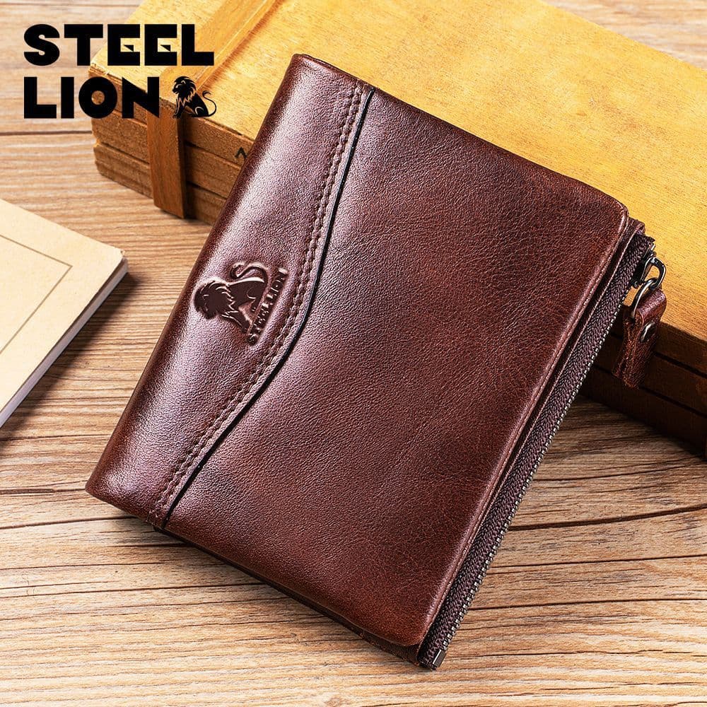 Carteira masculina de couro genuíno STEEL LION de primeira camada de couro Casual carteira multicartão com escova Anti-r