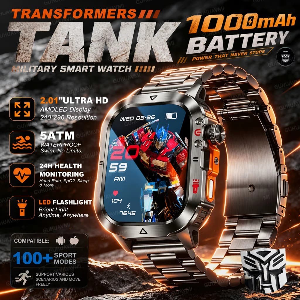 Transformadores Tanque Militar Smartwatch Relógio Inteligente 1000mAh 5ATM À Prova Dwaterproof Água Lanterna LED 100 + M