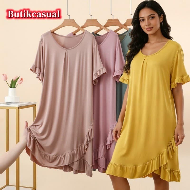 Camisola Feminina Plus Size Modal Em Torno Do Pescoço Manga Curta Babado Bainha Solta Vestido Para Casa