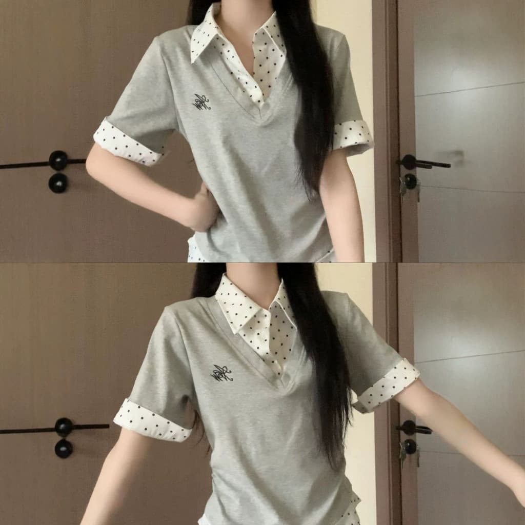 Estilo Preppy falso de duas peças Polka Dot lapela manga curta camiseta feminina estilo americano Formal ombro mais magr