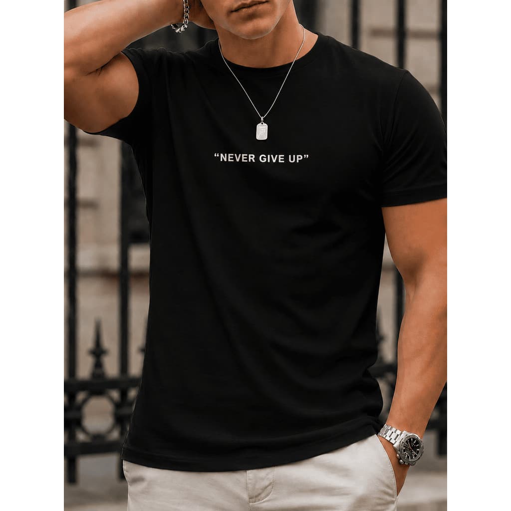 Camisa Masculina Básica Never Giver Up Camiseta Algodão Malha Premium 30.1
