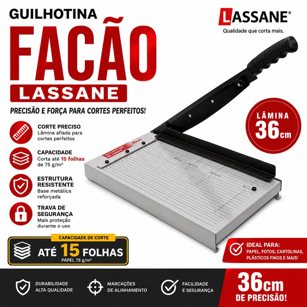 Guilhotina Facão Lassane 36cm 15 folhas Para Papel Oífico - A4 Cortes Precisos Trabalho