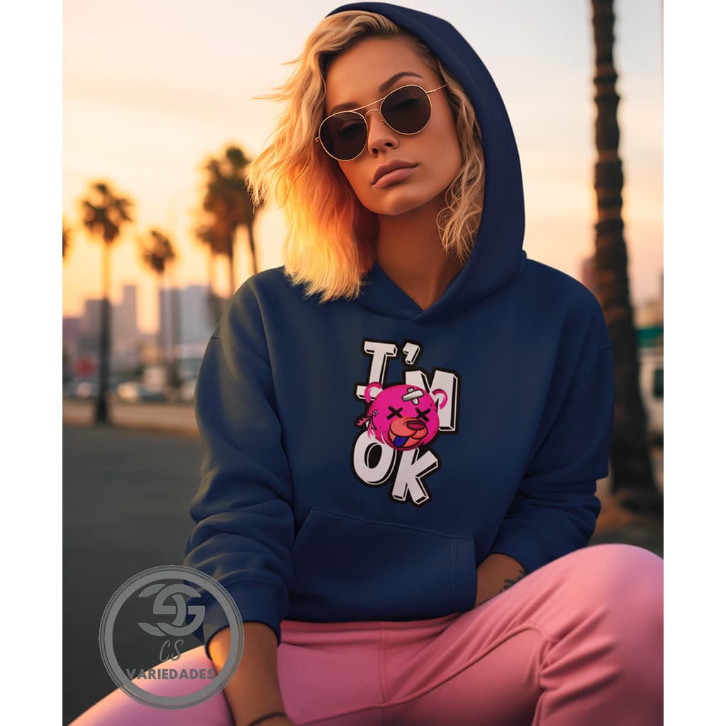 Moletom Feminino I'M ok, Está tudo bem Blusao Linha Premium Personalizado Blusa de Frio com Bolso e Capuz Diversas Cores