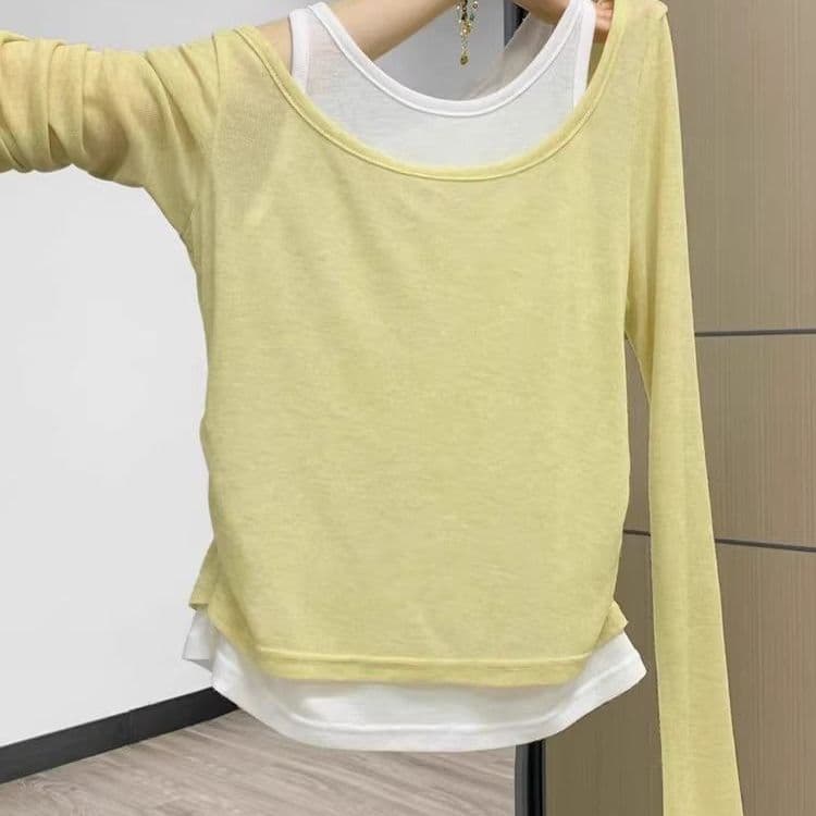 Versão coreana Design sentir falso de duas peças cor combinando camiseta de manga comprida camisa de Base interna superi