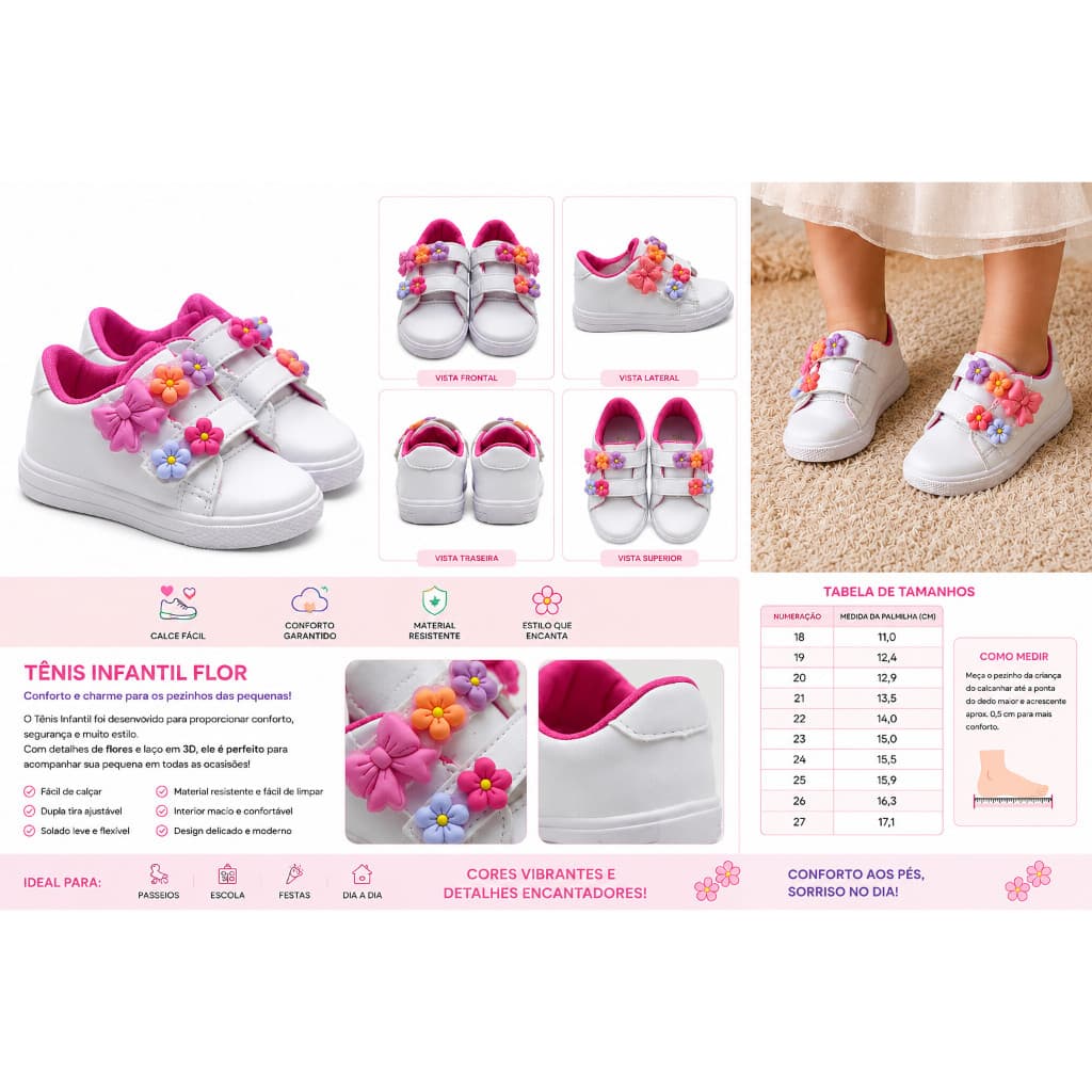 Tênis Infantil Feminino Branco com Flores e Laço 3D Calce Fácil Confortável