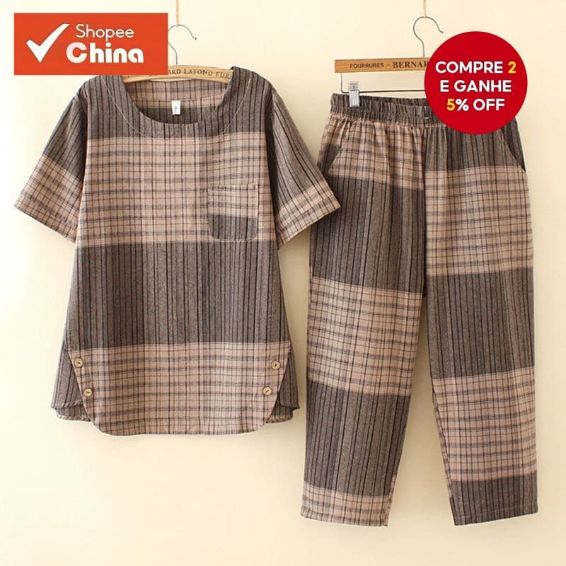 Conjunto de Blusa Xadrez e Calças Casuais Soltas para Mulheres Plus Size 40-100kg 4299