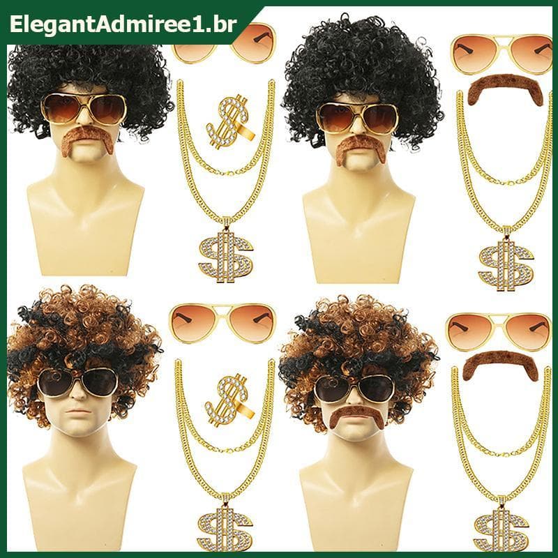 Conjunto De Peruca Cosplay Curta Encaracolada Preta Masculina ELEGA Com Corrente Dourada De Bigode Discoteca Dos Anos 70