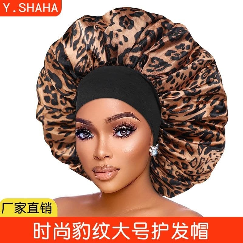 Senhoras Nightcap leopardo impressão respirável grande moda cetim chapéu dormir alta elástica cuidados com o cabelo boné
