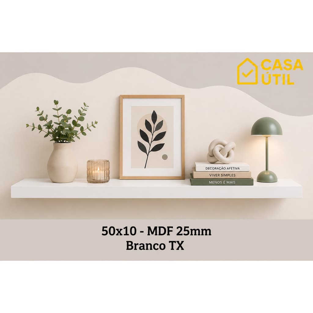 Prateleira Flutuante 50x10 cm MDF 25mm Branca com Suporte Invisível Sala, Cozinha e Quarto