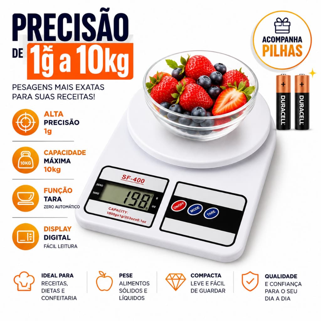 Balança Digital Cozinha 10Kg Precisão Balança de Alimentos Cozinha pilhas inclusas