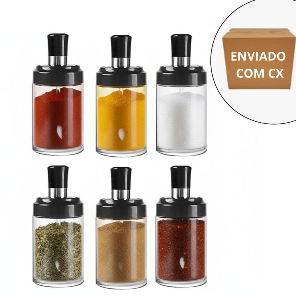 Kit 6 Porta Tempero com Colher Condimento Sal Açucar