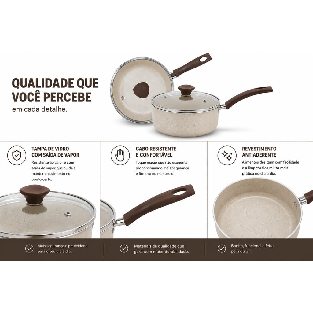 Panela Compacta Rocca 16cm com Revestimento Antiaderente Bege e Tampa para Arroz Legumes