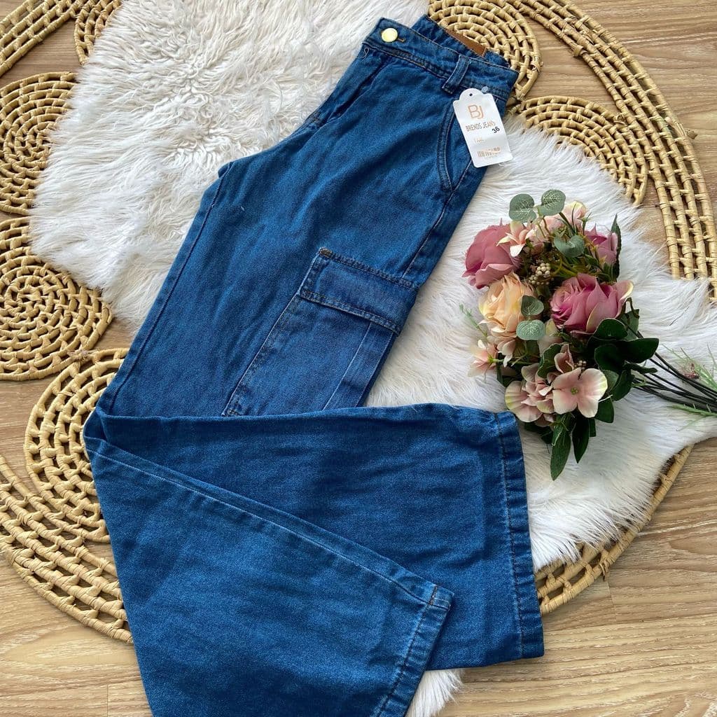 Calça jeans cargo wide leg feminino 34 a 46 sem lycra pantalona bolso lateral