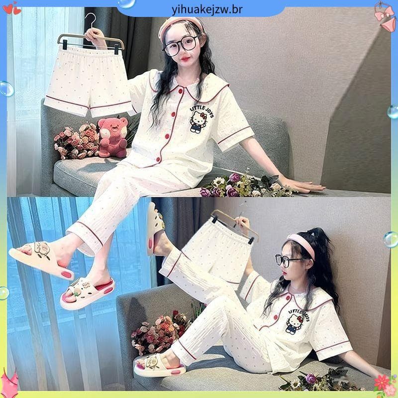 Primavera novo estilo nuvem algodão meninas pijamas Cardigan de manga curta calças curtas conjunto de três peças estilo
