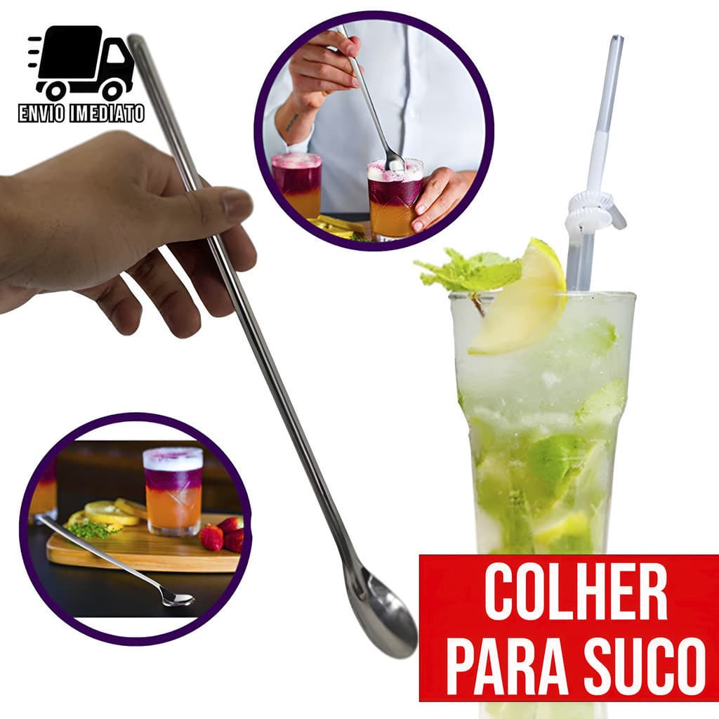 Colher Bailarina Inox 30cm Mexedor Longo para Suco Drinks e Coquetéis