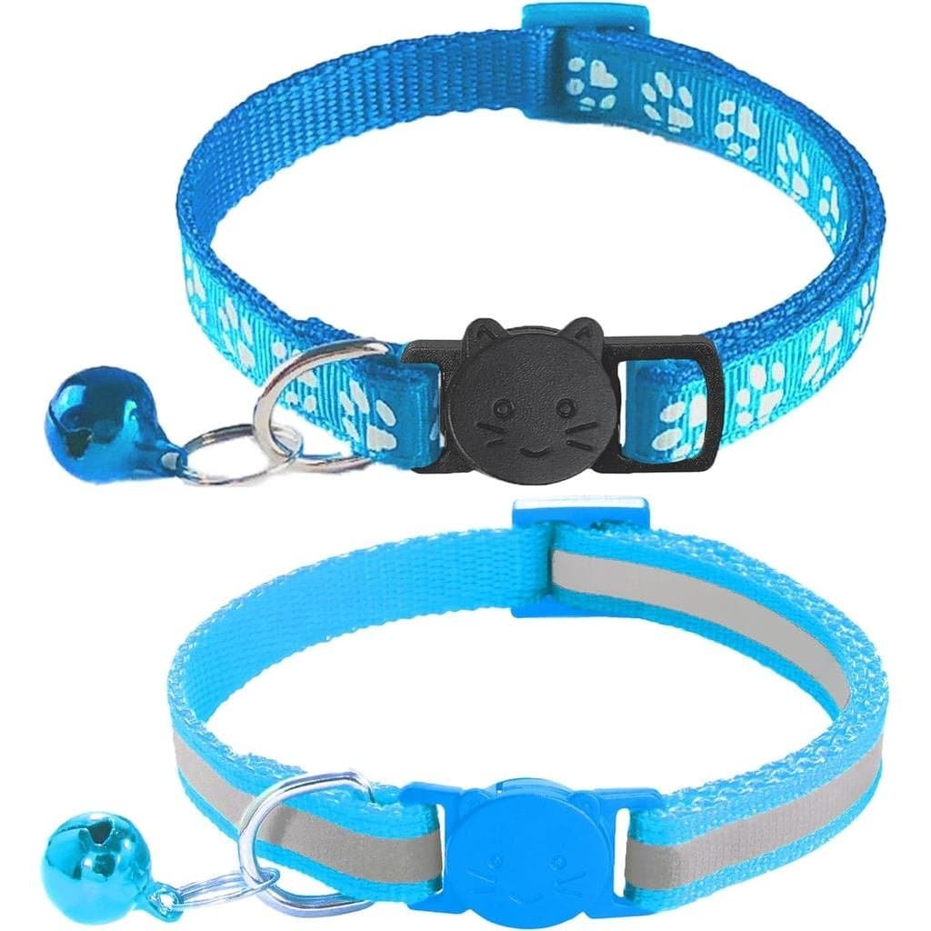 Conjunto de 2 Coleiras para Gatos com Sino, Design Refletivo e Estampa de Patas, Fecho de Segurança, Ajustáveis de 7,5 a