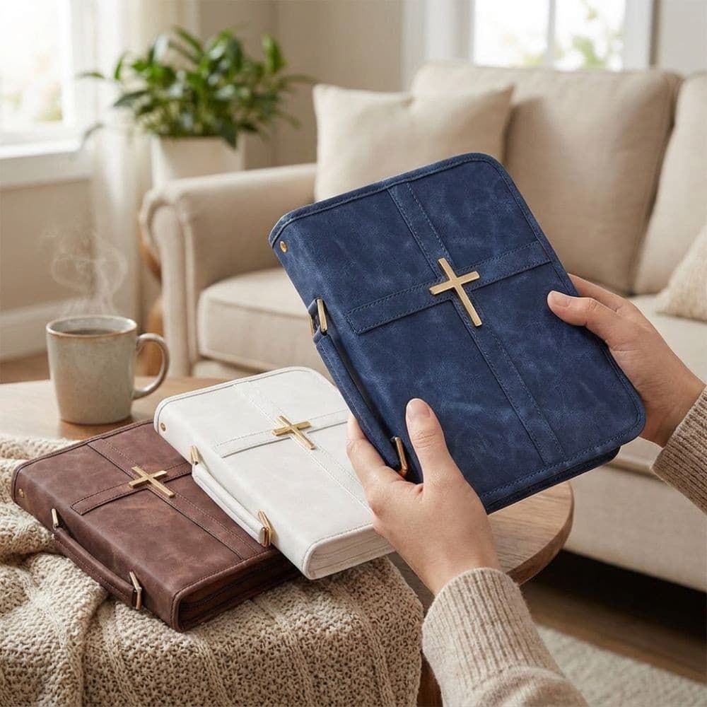 Capa De Couro Vegano Da Bíblia , Bolsa PU À Prova De Poeira Com Tema Cruzado , Estojo De Transporte Em Estilo Religioso