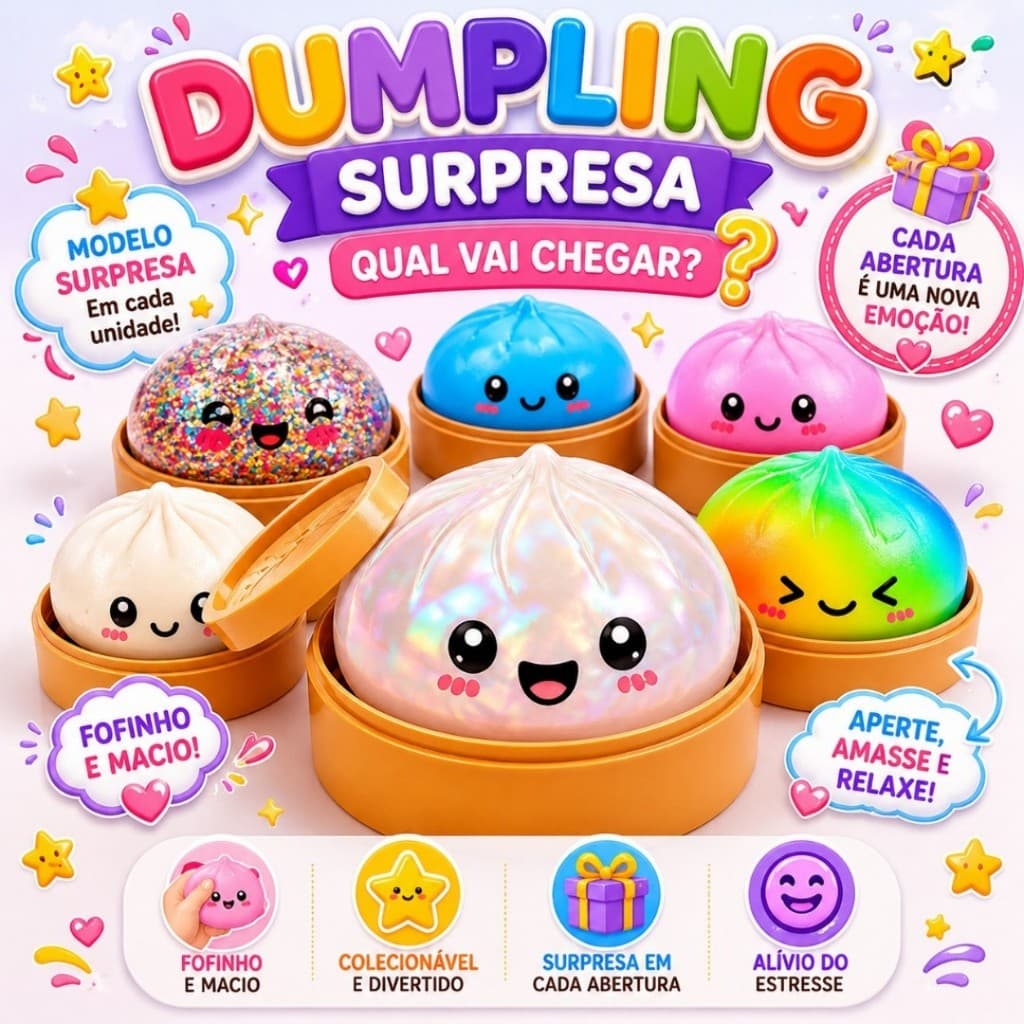 Kit Squishy Dumpling Coleção com Cestinha e Caixa Surpresa
