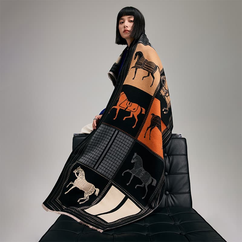 Outono inverno malha bloco de cores cavalo colisão moda atmosfera imitação cachecol quente ar condicionado xale babador