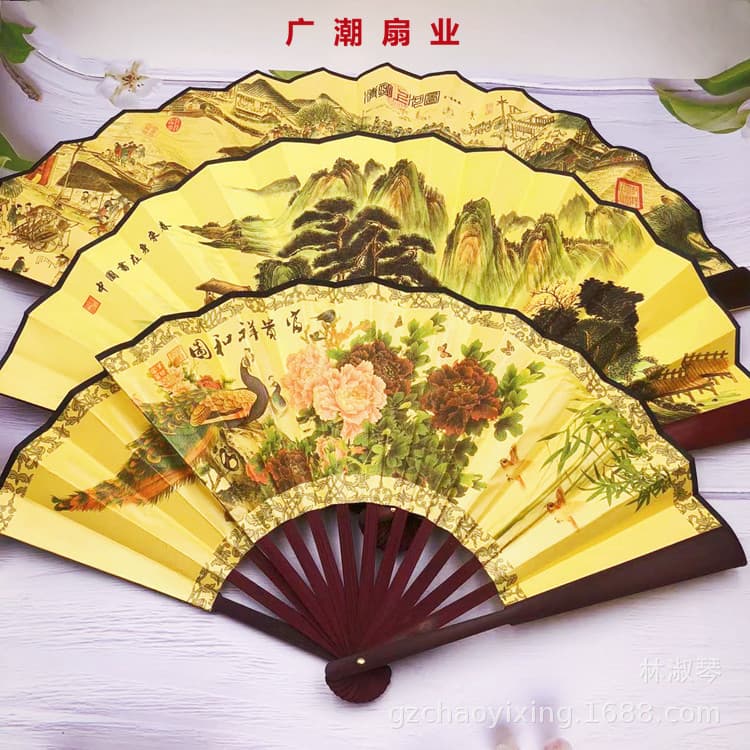 Vendas diretas da fábrica verão clássico leque de seda paisagem pintura grande ventilador dobrável estilo chinês ventila
