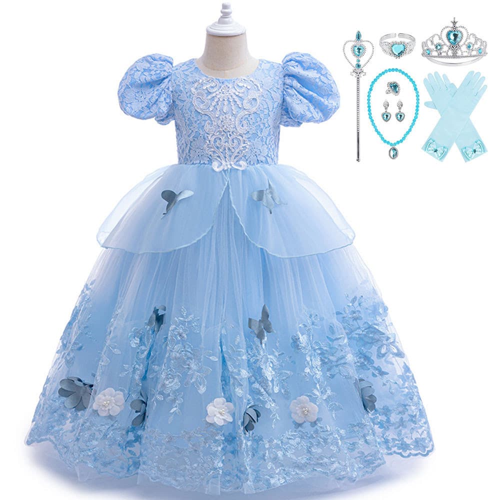 Vestido de Princesa Cinderela para Meninas, Fantasia de Cosplay de Verão 2025, Manga Curta, Renda, Roupa para Festa de H