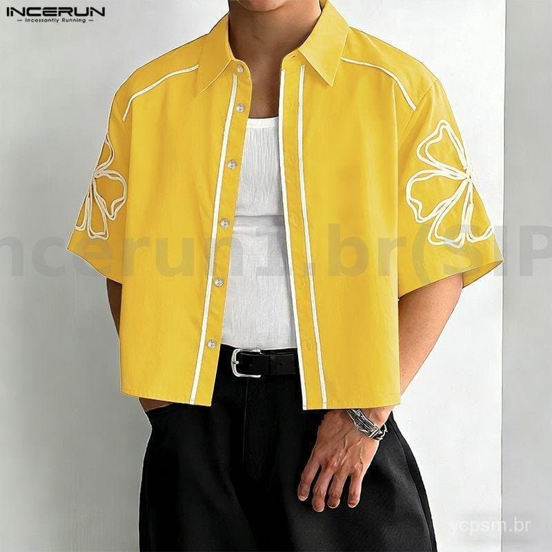 Camisa Elegante Masculina Coreana INCERUN com Gola Dobrada e Estampa Floral, Corte Solto, Com Botões, Manga Curta